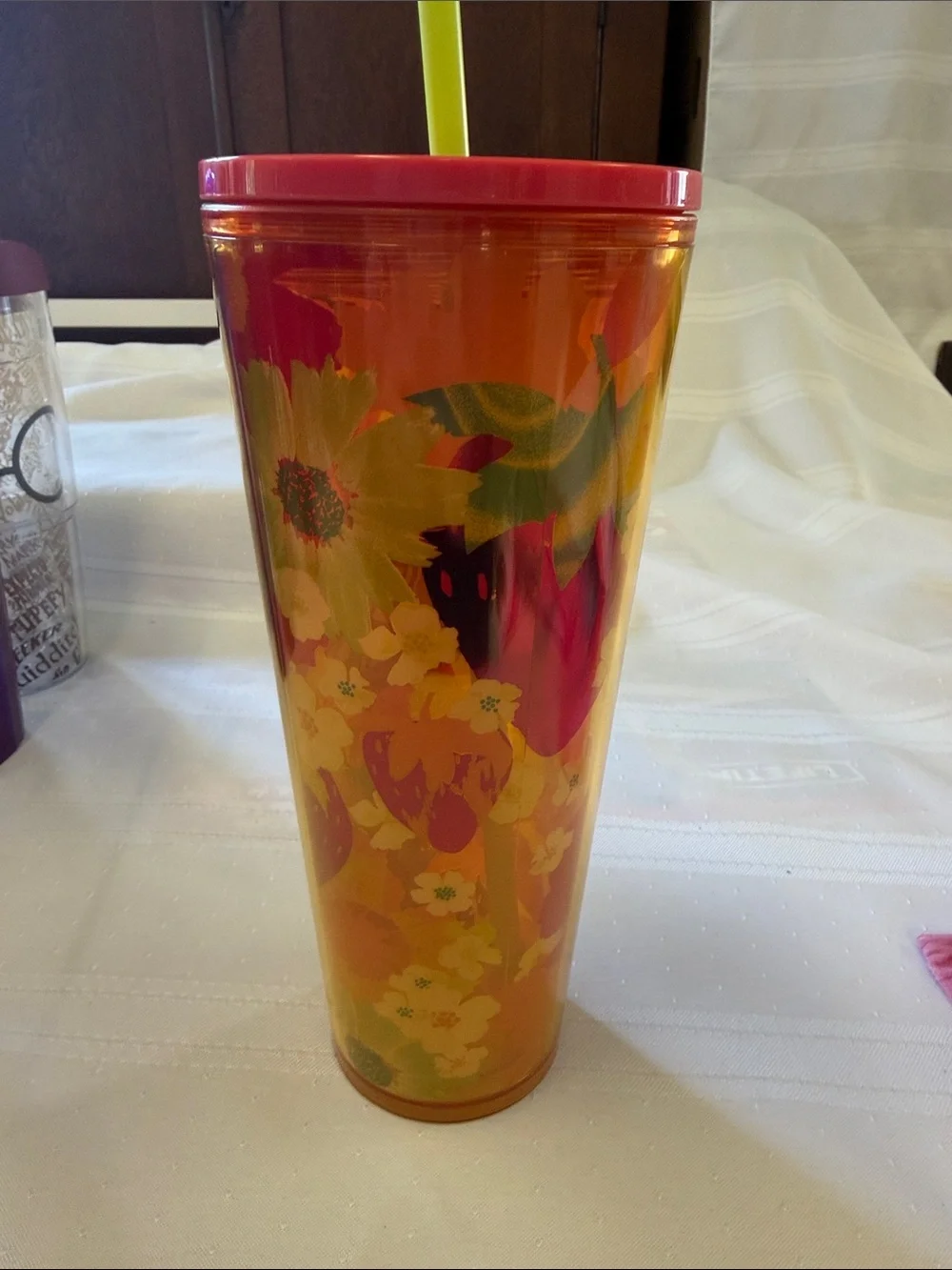 Starbucks Orange Floral Tumbler with Pink Lid and Lime Straw